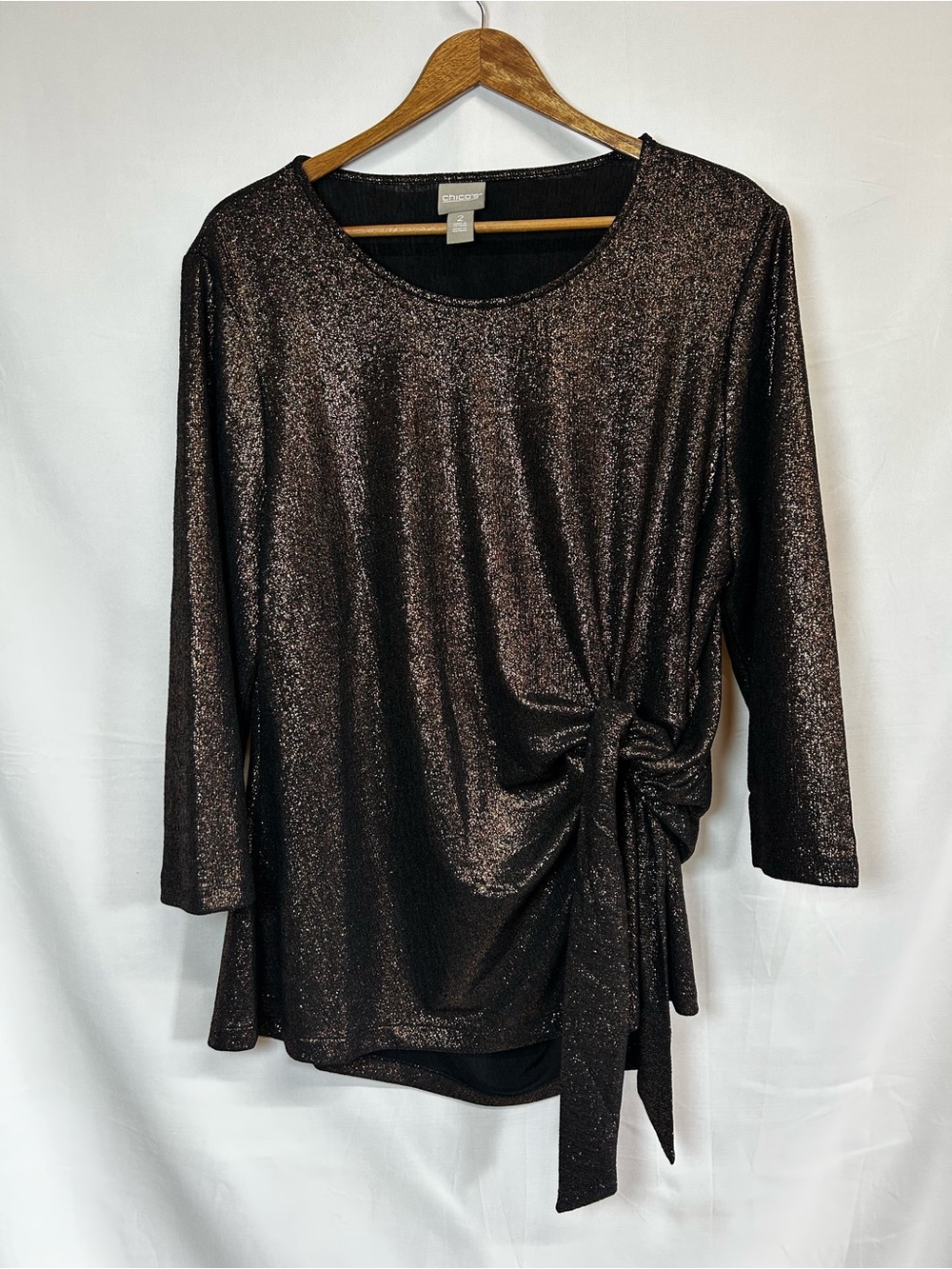 Chico's Metallic Brown Tie-Front Holiday Party Women's Top Size 2